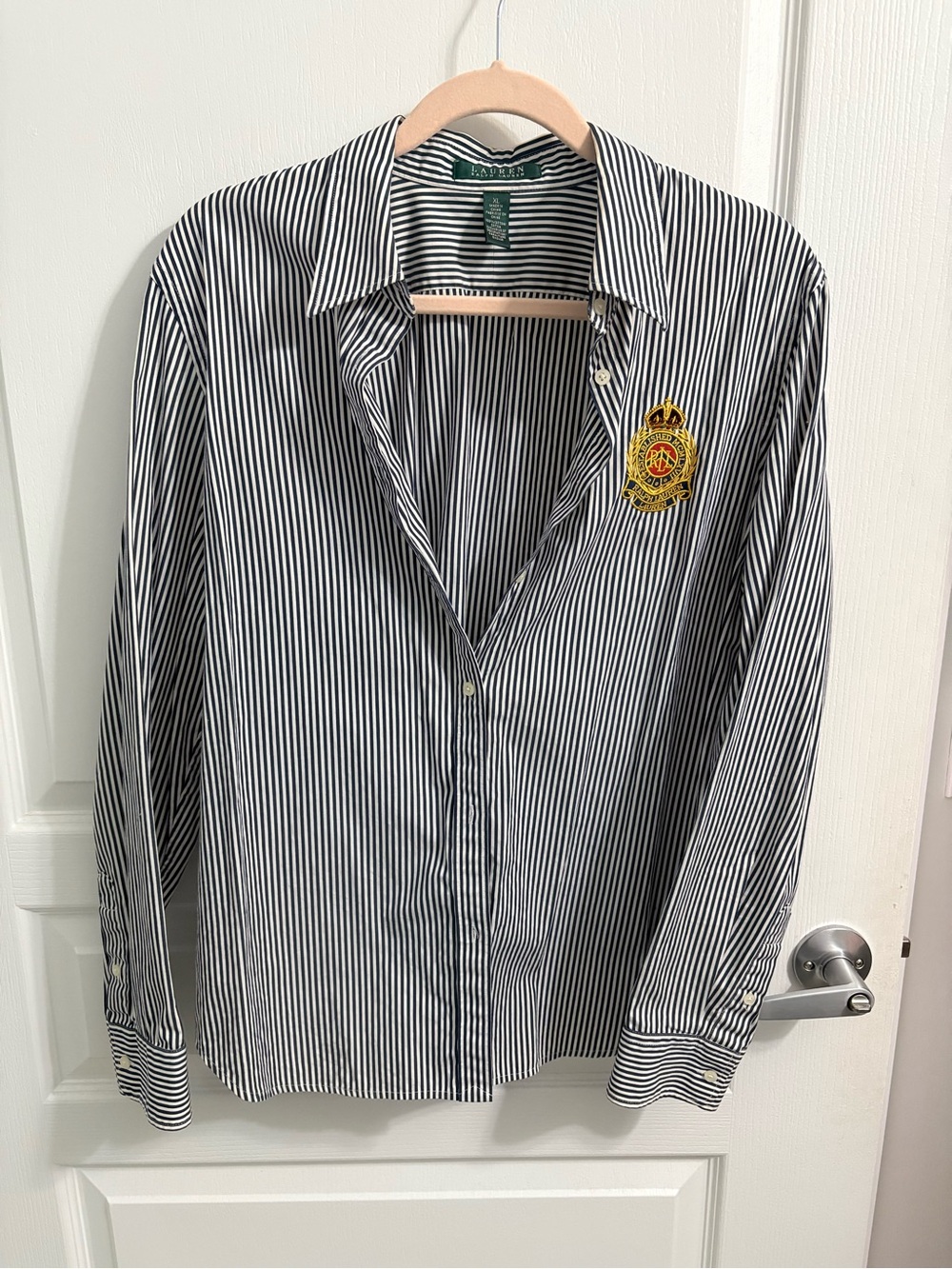 Ralph Lauren Black and White Striped Button-Down Shirt with Embroidered Crest